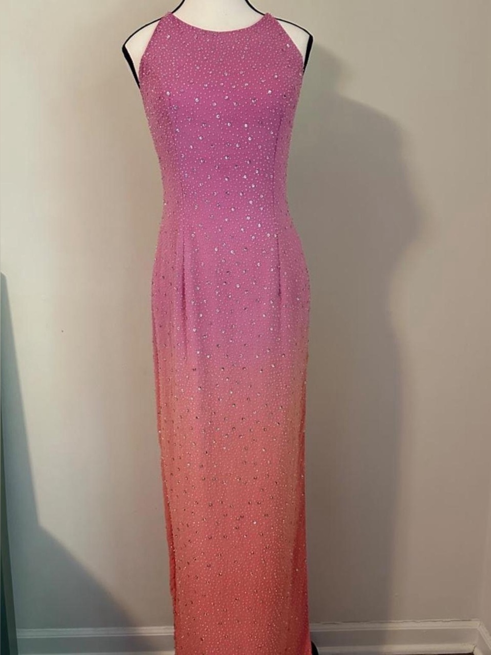 Pink to Coral Ombre Beaded Halter Evening dress